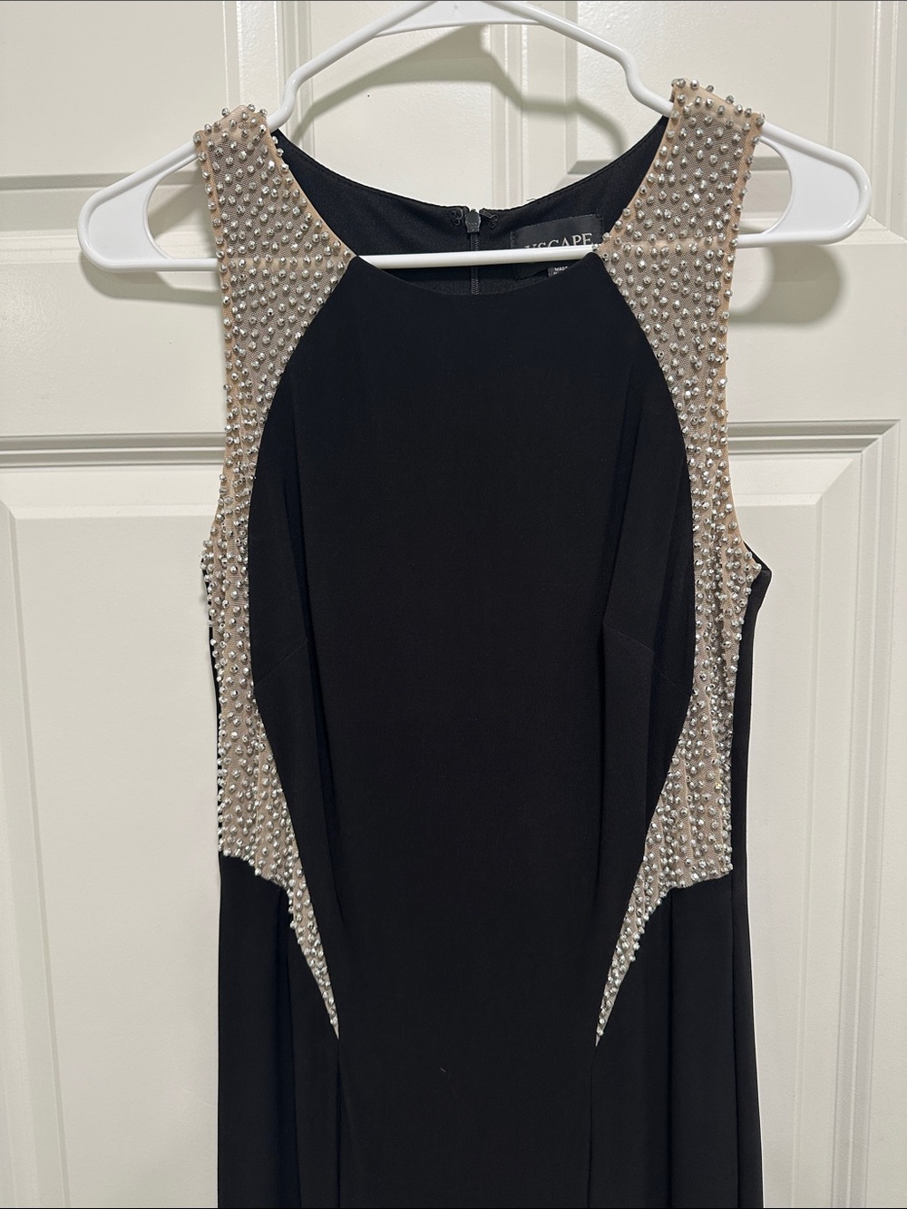 Xscape Black Evening Gown with Nude Pearl-Studded Insets